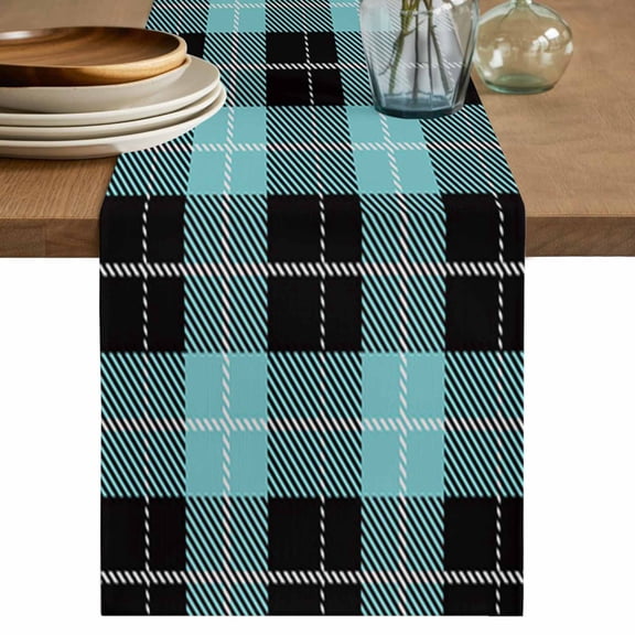 Table Runner 36 Inch Long - Tartan Plaid Buffalo Grid Pattern Decorative Table Scarf, Teal and Black Dining Table Runners for Wedding Party Kitchen Dining Tables