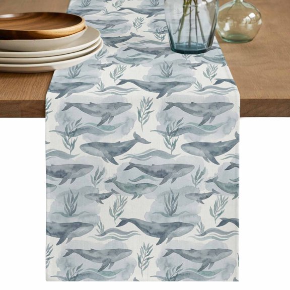 Table Runner - 36 Inch Long, Teal Grey Whale Coastal Kitchen Dining Table Runner Dresser Scarves, Watercolor Beach Ocean Nautical Farmhouse Decor for Coffee Tables Wedding Party Banquet
