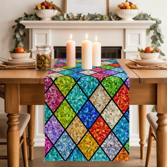 Table Runner 36 Inch Long - Traditional Diamond Tile Panes Decorative Table Scarf, High-contrast Color Blocks Dining Table Runners for Wedding Party Kitchen Dining Tables