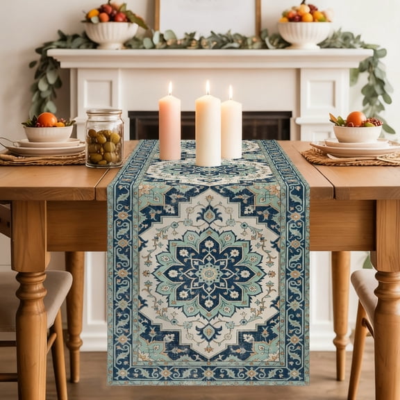 Table Runner 36 Inch Long - Traditional Turkish Floral Decorative Table Scarf, Vintage Mint Green Geometric Dining Table Runners for Wedding Party Kitchen Dining Tables