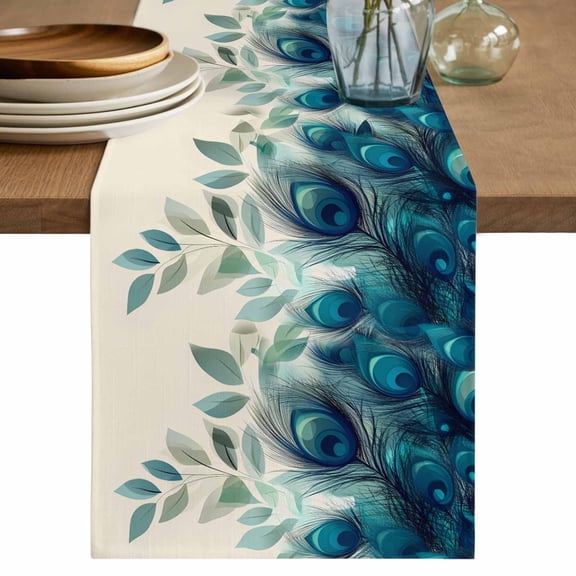 Table Runner 36 Inch Long - Tropical Peacock Feathers Decorative Table Scarf, Classic Gradient Teal Pattern Dining Table Runners for Wedding Party Kitchen Dining Tables