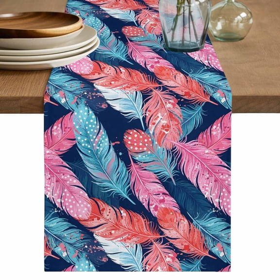 Table Runner 36 Inch Long - Tropical Pink Blue Bird Feathers Decorative Table Scarf, Vibrant Plumage Dining Table Runners for Wedding Party Kitchen Dining Tables