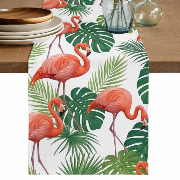 Table Runner 36 Inch Long - Tropical Pink Flamingos Palm Leaf Decorative Table Scarf, Summer Animal Botanical Dining Table Runners for Wedding Party Kitchen Dining Tables