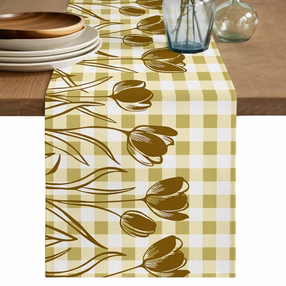 Table Runner 36 Inch Long - Tulip Silhouette Blossom Floral Decorative Table Scarf, Yellow Buffalo Check Dining Table Runners for Wedding Party Kitchen Dining Tables