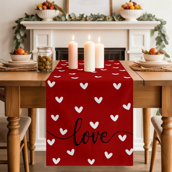 Table Runner 36 Inch Long - Valentine's Day White Love Hearts Decorative Table Scarf, Sweetheart and Quote on Red Dining Table Runners for Wedding Party Kitchen Dining Tables
