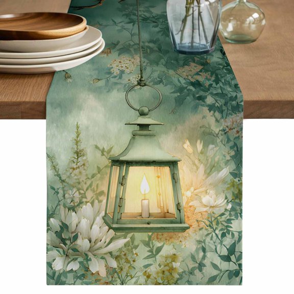 Table Runner - 36 Inch Long, Vintage Oil Light Kitchen Dining Table Runner Dresser Scarves, Spring Green Leaves Retro Candles Farmhouse Decor for Coffee Tables Wedding Party Banquet