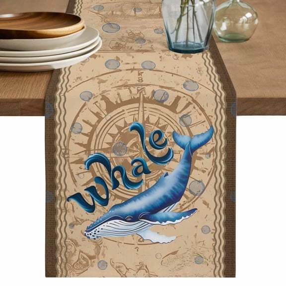 Table Runner - 36 Inch Long, Vintage Whale Kitchen Dining Table Runner Dresser Scarves, Brown Nautical Anchor Bubbles Coastal Farmhouse Decor for Coffee Tables Wedding Party Banquet