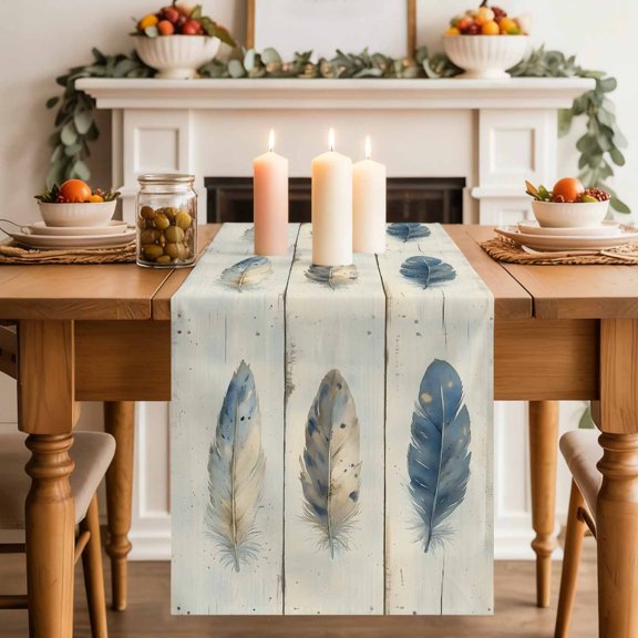 Table Runner 36 Inch Long - Watercolor Blue Brown Feather Decorative Table Scarf, Retro Farm Wood Board Dining Table Runners for Wedding Party Kitchen Dining Tables
