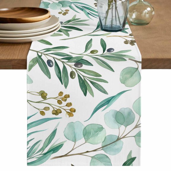 Table Runner 36 Inch Long - Watercolor Eucalyptus Leaves Decorative Table Scarf, Spring Green Foliage Branch Dining Table Runners for Wedding Party Kitchen Dining Tables