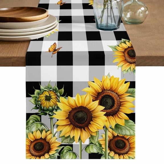 Table Runner 36 Inch Long - Watercolor Sunflower Bee Green Leaves Decorative Table Scarf, Black White Checker Dining Table Runners for Wedding Party Kitchen Dining Tables
