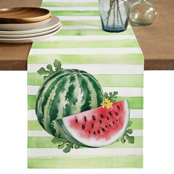 Table Runner 36 Inch Long - Watermelon on Green Strips Decorative Table Scarf, Watercolor Summer Fruit Dining Table Runners for Wedding Party Kitchen Dining Tables