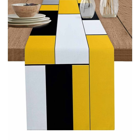 Table Runner 36 Inch Long - White Black Yellow PatchworkDecorative Table Scarf,Abstract GeometricDining Table Runners for Wedding Party Kitchen Dining Tables