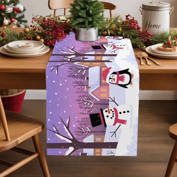 Table Runner 36 Inch Long - Winter Cartoon SnowmanDecorative Table Scarf,Purple Sky SnowflakesDining Table Runners for Wedding Party Kitchen Dining Tables