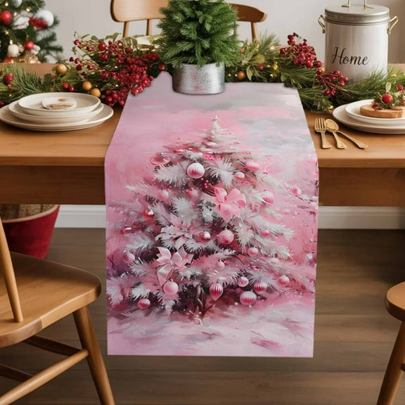 Table Runner 70 Inch Long - Winter Pink Christmas Tree Xmas BallsDecorative Table Scarf,Retro Oil Painting StyleDining Table Runners for Wedding Party Kitchen Dining Tables