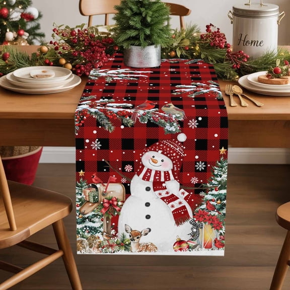 Table Runner 36 Inch Long - Winter Snowman SnowflakesDecorative Table Scarf,Berries Bird on Red Black PlaidDining Table Runners for Wedding Party Kitchen Dining Tables