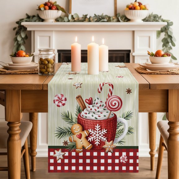 Table Runner 36 Inch Long - Xmas Candy Cookie Red Plaid Decorative Table Scarf, Cappuccino Pine Branches Retro Dining Table Runners for Wedding Party Kitchen Dining Tables