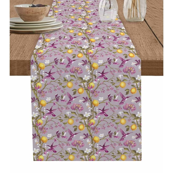 Table Runner 36 Inch Long - Yellow Lemon Purple HummingbirdDecorative Table Scarf,Summer Watercolor Floral PlantDining Table Runners for Wedding Party Kitchen Dining Tables