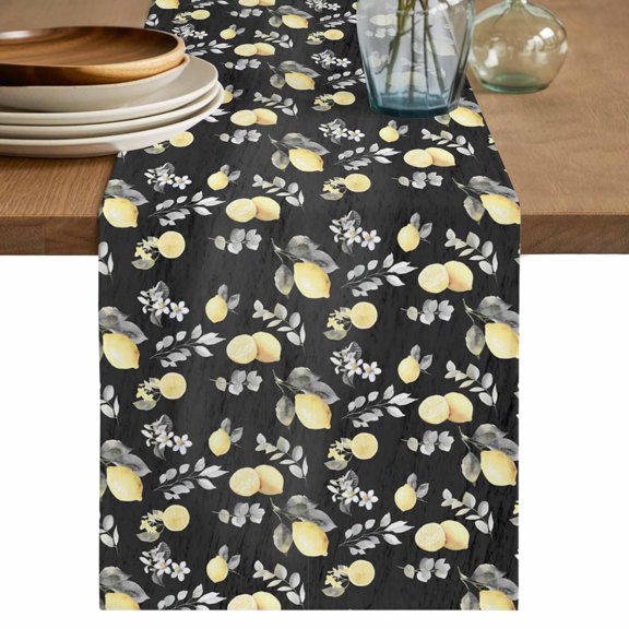 Table Runner - 36 Inch Long, Yellow Lemons Kitchen Dining Table Runner Dresser Scarves, Pastoral Leaves Floral Garden Plants Black Farmhouse Decor for Coffee Tables Wedding Party Banquet