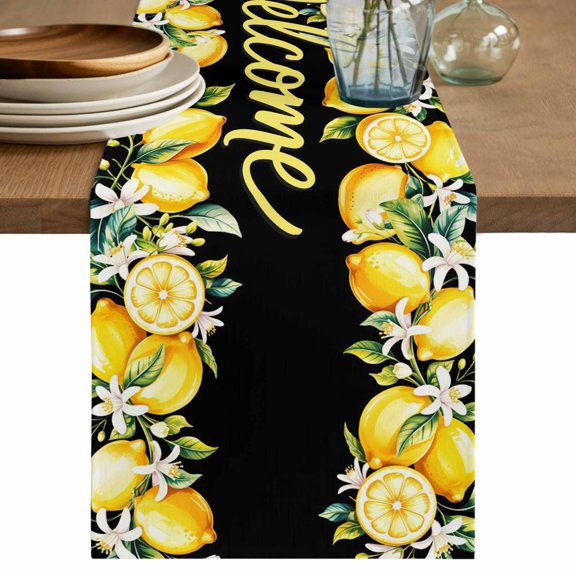 Table Runner - 36 Inch Long, Yellow Lemons Kitchen Dining Table Runner Dresser Scarves, Summer Fruits Leaves Botanical Black Farmhouse Decor for Coffee Tables Wedding Party Banquet