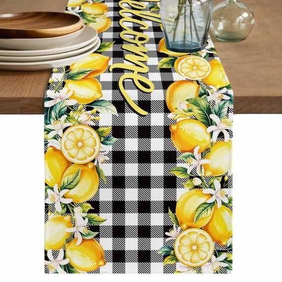 Table Runner - 36 Inch Long, Yellow Lemons Kitchen Dining Table Runner Dresser Scarves, Summer Fruits Leaves Botanical Buffalo Plaid Farmhouse Decor for Coffee Tables Wedding Party Banquet