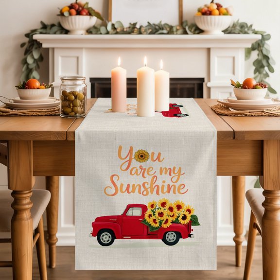 Table Runner 36 Inch Long - You Are My Sunshine Words Decorative Table Scarf, Farm Sunflowers on Red Truck Dining Table Runners for Wedding Party Kitchen Dining Tables
