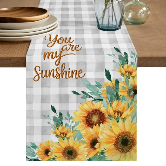 Table Runner 36 Inch Long - You Are My Sunshine Words on Gray Plaid Decorative Table Scarf, Farm Sunflowers Dining Table Runners for Wedding Party Kitchen Dining Tables