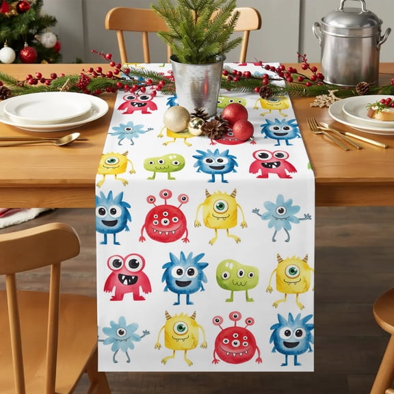 Table Runner 36 Inches Long - Abstract Cartoon Monsters Decorative Table Scarf, Seamless Colorful Cute Alien Dining Table Runners for Wedding Party Kitchen Dining Tables