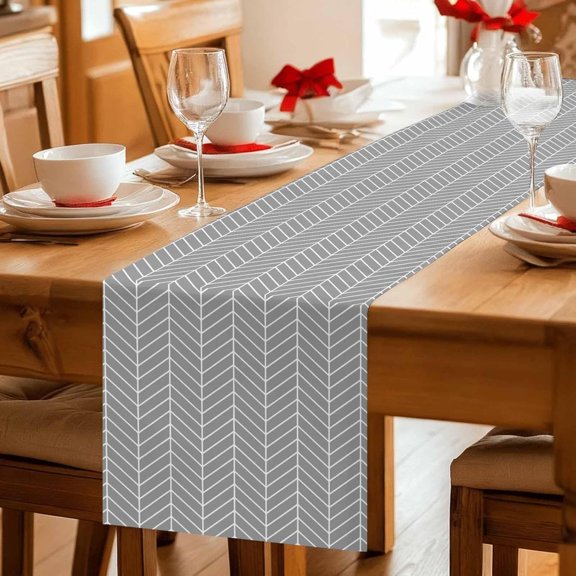 Table Runner-36 Inches Long Abstract Gray White Herringbone Texture Tablerunners Decorative Dresser Scarves Chevron Pattern Tabletop Scarf for Indoor Outdoor Wedding Holiday Party