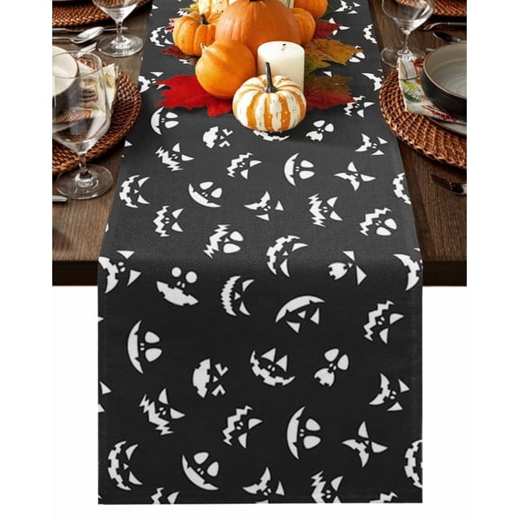 Table Runner 36 Inches Long, Black Halloween Evil Smiling Face Ghost Graffiti Cotton Linen Table Runners Non-Slip Durable Dresser Scarves for Table Party Dinner Holiday Home Decor, 1 Pack