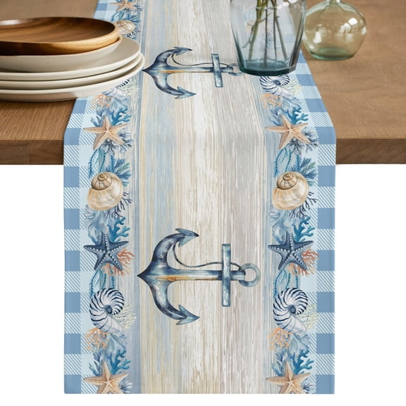 Table Runner 36 Inches Long, Blue Anchor Coastal Decorative Table Runner for Party Wedding Home Decor, Nautical Beach Coral Starfish Shell Dresser Scarves for Bedroom Kitchen Tables Decor 13x36 Inch