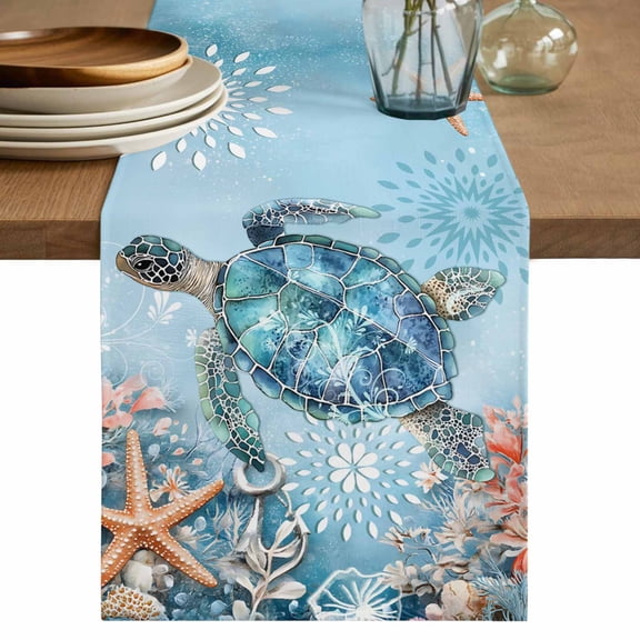 Table Runner 36 Inches Long, Blue Coastal Sea Turtle Decorative Table Runner for Party Wedding Home Decor, Summer Beach Starfish Botanical Dresser Scarves for Bedroom Kitchen Tables Decor 13x36 Inch