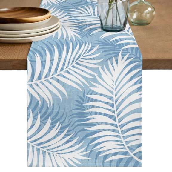 Table Runner 36 Inches Long, Blue Palm Leaf Decorative Table Runner for Party Wedding Home Decor, Summer Coastal Botanical Tropical Dresser Scarves for Bedroom Kitchen Tables Decor 13x36 Inch