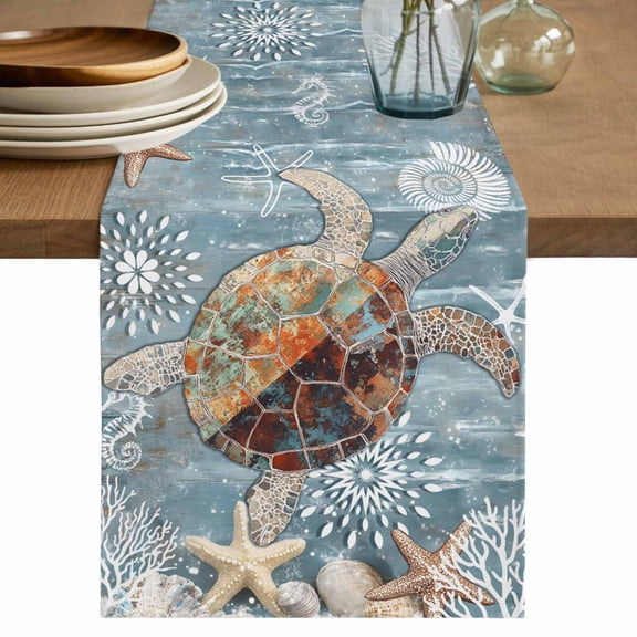 Table Runner 36 Inches Long, Blue Sea Turtle Coastal Decorative Table Runner for Party Wedding Home Decor, Summer Beach Nautical Starfish Coral Dresser Scarves for Kitchen Tables Decor 13x36 Inch