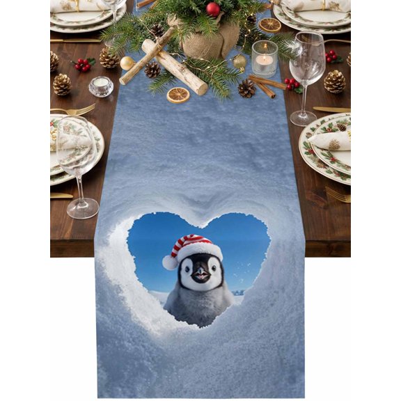 Table Runner 36 Inches Long, Christmas Penguins Decorative Table Runner for Party Wedding Home Decor, Winter Snow 3D Optical Illusion Sky Blue Dresser Scarves for Bedroom Kitchen 13x36 Inch