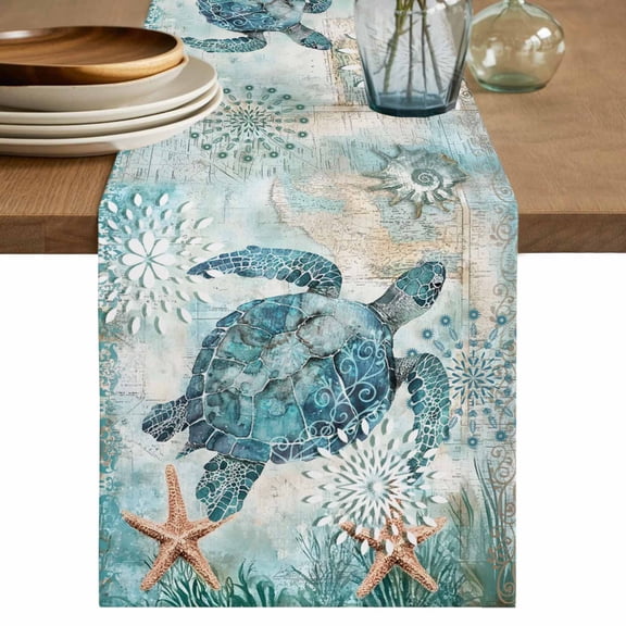 Table Runner 36 Inches Long, Coastal Sea Turtle Decorative Table Runner for Party Wedding Home Decor, Teal Nautical Beach Starfish Vintage Dresser Scarves for Bedroom Kitchen Tables Decor 13x36 Inch