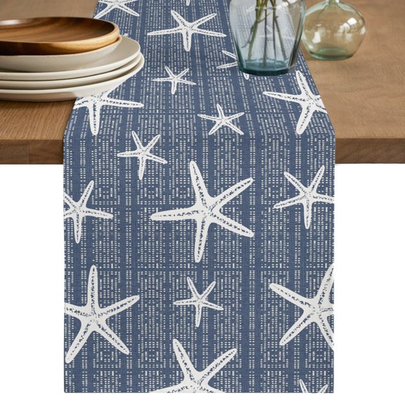 Table Runner 36 Inches Long, Dark Blue Starfish Coastal Decorative Table Runner for Party Wedding Home Decor, Summer Beach Nautical Sea Ocean Dresser Scarves for Kitchen Tables Decor 13x36 Inch