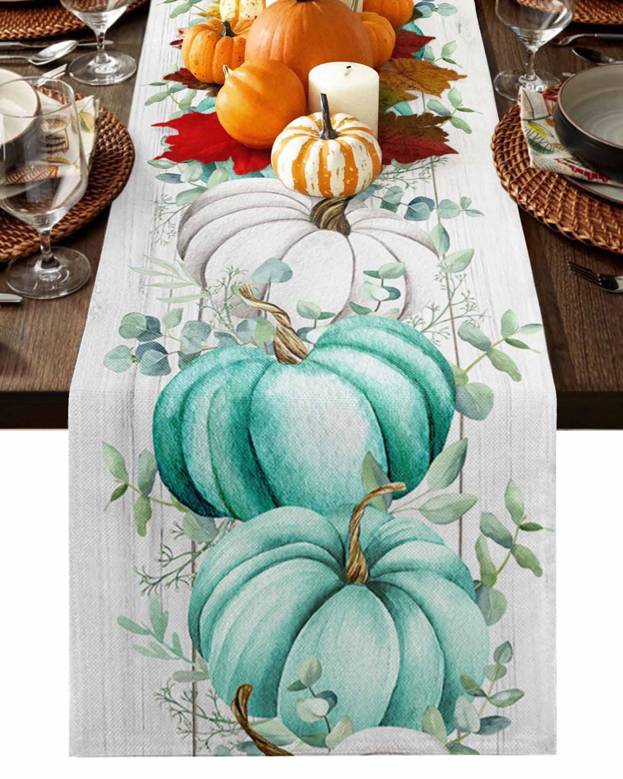 Table Runner 36 Inches Long, Fall Teal Pumpkin Thanksgiving Eucalyptus Wood Plank Cotton Linen Table Runners Non-Slip Durable Dresser Scarves for Table Party Dinner Holiday Home Decor, 1 Pack