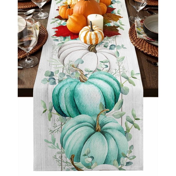 Table Runner 36 Inches Long, Fall Teal Pumpkin Thanksgiving Eucalyptus Wood Plank Cotton Linen Table Runners Non-Slip Durable Dresser Scarves for Table Party Dinner Holiday Home Decor, 1 Pack