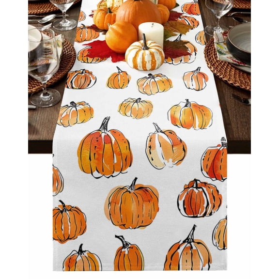 Table Runner 36 Inches Long, Fall Thanksgiving Orange Pumpkin Simple Lines Cotton Linen Table Runners Non-Slip Durable Dresser Scarves for Table Party Dinner Holiday Home Decor, 1 Pack