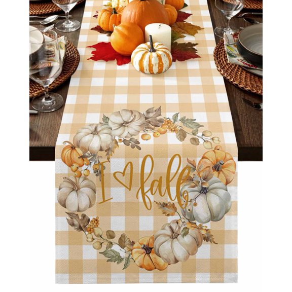 Table Runner 36 Inches Long, Fall Thanksgiving Pumpkin Leaves Berries Yellow Plaid Cotton Linen Table Runners Non-Slip Durable Dresser Scarves for Table Party Dinner Holiday Home Decor, 1 Pack