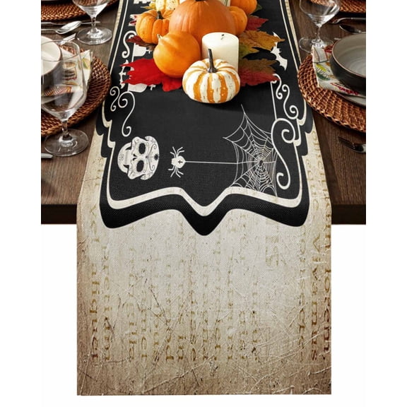 Table Runner 36 Inches Long, Halloween Pumpkin Black Cat Skeleton Retro Newspaper Cotton Linen Table Runners Non-Slip Durable Dresser Scarves for Table Party Dinner Holiday Home Decor, 1 Pack