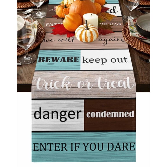 Table Runner 36 Inches Long, Happy Halloween Retro Colored Wood Grain Quotes Blue Cotton Linen Table Runners Non-Slip Durable Dresser Scarves for Table Party Dinner Holiday Home Decor, 1 Pack