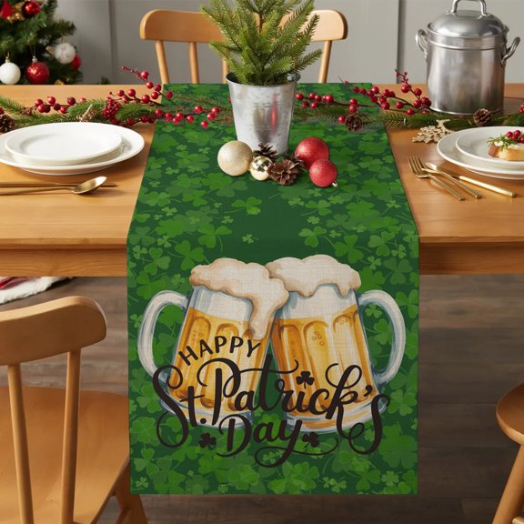 Table Runner 36 Inches Long - Happy St. Patrick's Day Beer with Clovers Decorative Table Scarf, Celtic Knots Green Leaves Dining Table Runners for Wedding Party Kitchen Dining Tables