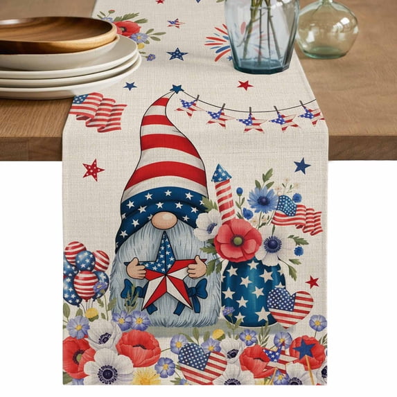 Table Runner 36 Inches Long for Kitchen Dining, 4th of July Dresser Scarf Farmhouse, Dining Table Decorations for Wedding/Parties, Retro Patriotic Gnomes Flowers Flag Firework 13 x 36 In