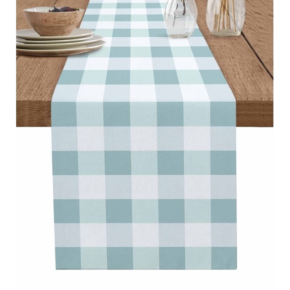 Table Runner 36 Inches Long for Kitchen Dining, Aqua White Buffalo Check Dresser Scarf Farmhouse, Dining Table Decorations for Wedding/Parties, Farmhouse Plaid Modern Geometric 13 x 36 In