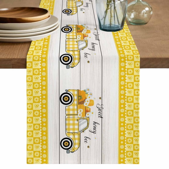 Table Runner 36 Inches Long for Kitchen Dining, Bee Truck Dresser Scarf Farmhouse, Dining Table Decorations for Wedding/Parties, Yellow Honey Daisy Floral Plaid Wooden Grain 13 x 36 In