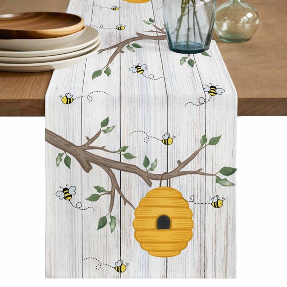 Table Runner 36 Inches Long for Kitchen Dining, Bees Branches Dresser Scarf Farmhouse, Dining Table Decorations for Wedding/Parties, Farmhouse Spring Botanical Wooden 13 x 36 In