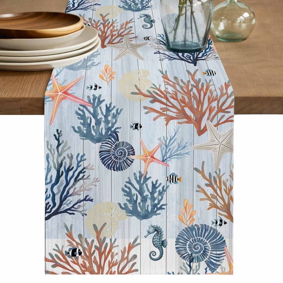 Table Runner 36 Inches Long for Kitchen Dining, Blue Coastal Dresser Scarf Farmhouse, Dining Table Decorations for Wedding/Parties, Coral Shell Starfish Seahorse Summer Beach 13 x 36 In