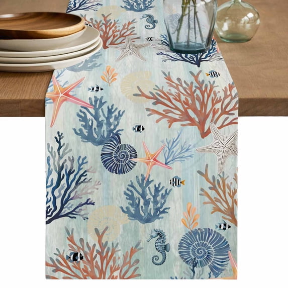 Table Runner 36 Inches Long for Kitchen Dining, Blue Coastal Dresser Scarf Farmhouse, Dining Table Decorations for Wedding/Parties, Summer Beach Coral Shell Starfish Seahorse 13 x 36 In