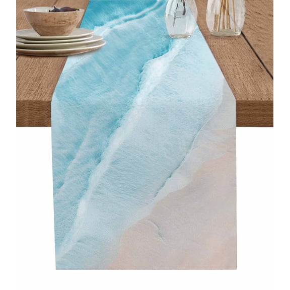 Table Runner 36 Inches Long for Kitchen Dining, Blue Coastal Wave Dresser Scarf Farmhouse, Dining Table Decorations for Wedding/Parties, Summer Modern Ocean Beach 13 x 36 In